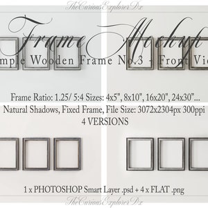 Peut inclure: Présentation de cadres en bois simples, vue de face. Les cadres carrés ont une finition grise vieillie. Le texte indique "Frame Mockup" et "Simple Wooden Frame No. 3". Les tailles des cadres incluent 10.16cm x 12.7cm, 20.32cm x 25.4cm, 40.64cm x 50.8cm, et 60.96cm x 76.2cm.