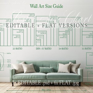 Proporciones de tamaño de póster vertical + Guía de tamaño de marco de cuadrados y óvalo/obra de arte - Maqueta de sofá verde de sala de estar - Gráfico PSD minimalista moderno