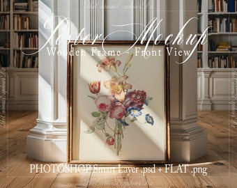 Maquette de cadre vintage en bois au format 4 x 5 PSD PNG | Mur blanc classique réfléchissant | Gabarit de vue de face du cadre de bibliothèque penché