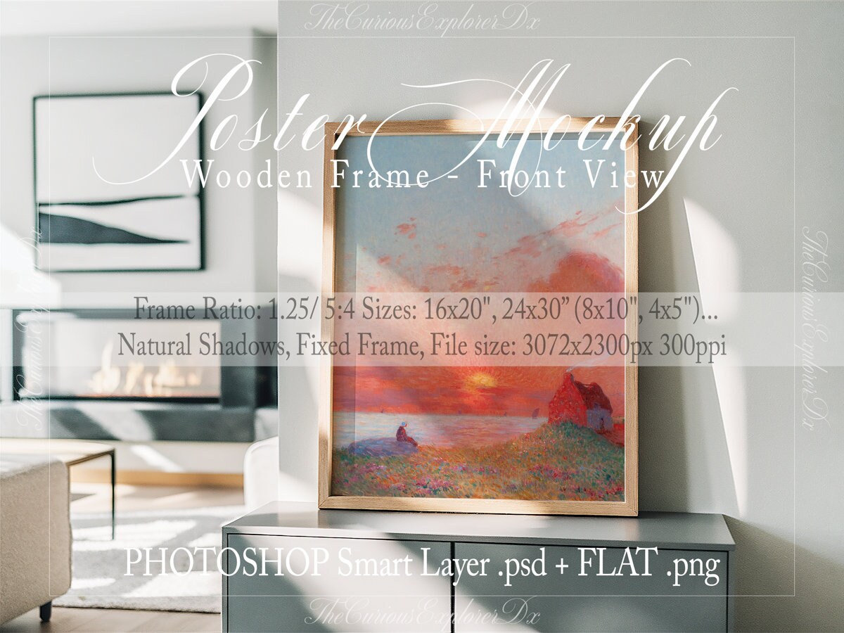 4x5 Ratio Mockup Natural Wood Frame PSD PNG Living Room Print