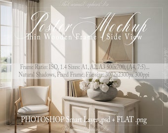 DIN A1 Thin Wood Frame PSD & PNG Mockup - Livingroom Scene Poster Template,  5x7 Ratio Classic Print Frame Mockup