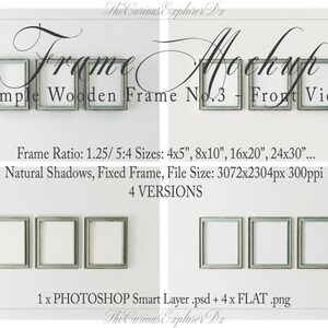 Peut inclure: Maquette de cadres en bois simples avec une finition vert d'eau vieillie, disposés en rangées. L'image comprend du texte indiquant les tailles de cadres de 10x13cm, 20x25cm, 41x51cm et 61x76cm, et mentionne "Frame Mockup" et "Simple Wooden Frame No. 3 - Front View".
