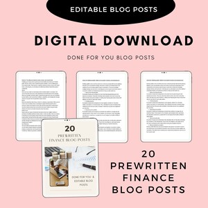 Könnte beinhalten: Ein digitaler Download von 20 vorgefertigten Finanz-Blogbeiträgen. Das Bild zeigt drei Mockups von Blogbeiträgen mit dem Text "20 vorgefertigte Finanz-Blogbeiträge" und "Für Sie gemacht & bearbeitbare Blogbeiträge".