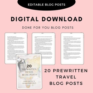 Könnte beinhalten: Ein digitaler Download von 20 vorgefertigten Reise-Blogbeiträgen mit rosa Hintergrund und weißem Textüberlagerung. Der Text lautet "Bearbeitbare Blogbeiträge", "Digitaler Download", "Fertige Blogbeiträge für Sie", "20 vorgefertigte Reise-Blogbeiträge", "Für Sie gemacht & bearbeitbare Blogbeiträge".