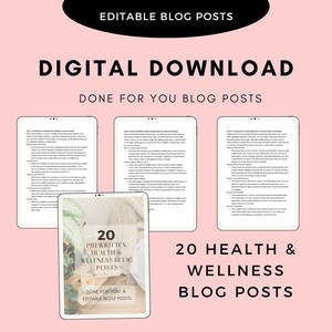 Könnte beinhalten: Ein digitaler Download von 20 vorgefertigten Blogbeiträgen zu Gesundheit und Wellness. Das Bild zeigt ein Mockup eines Tablets mit einer grünen Pflanze darauf. Der Text auf dem Tablet lautet "20 vorgefertigte Blogbeiträge zu Gesundheit und Wellness" und "Für Sie gemacht und bearbeitbare Blogbeiträge".