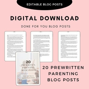 Könnte beinhalten: Ein digitaler Download von 20 vorgefertigten Blogbeiträgen zum Thema Elternschaft. Das Bild zeigt einen Tablet-Bildschirm mit dem Text "20 vorgefertigte Blogbeiträge zum Thema Elternschaft" und dem Text "Für Sie gemacht und editierbar".