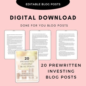 Könnte beinhalten: Digitaler Download-Grafik mit dem Text "EDITABLE BLOG POSTS" und "DIGITAL DOWNLOAD". Das Bild zeigt vier Tablets, die Blogbeiträge über Investitionen anzeigen. Der Text "20 PREWRITTEN INVESTING BLOG POSTS" wird ebenfalls angezeigt.