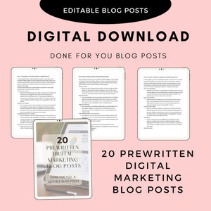 Könnte beinhalten: Ein digitaler Download von 20 vorgefertigten Blogbeiträgen zum Thema digitales Marketing. Das Bild zeigt einen Tablet-Bildschirm mit dem Text "20 vorgefertigte Blogbeiträge zum digitalen Marketing" und dem Text "Für Sie gemacht & bearbeitbare Blogbeiträge".