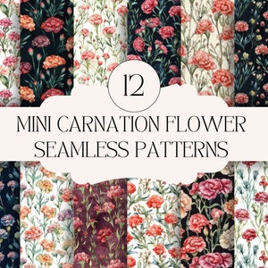 Watercolor Mini Carnation Flower Digital Paper, Seamless Pattern, Hand Drawn, 12 Designs, Scrapbooking Paper, Floral Background, 12in x 12in