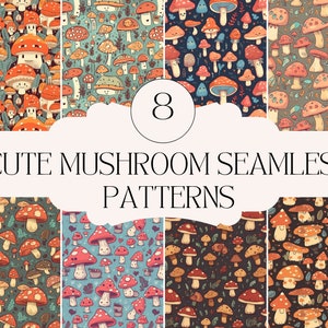 Cute Mushroom Digital Paper, Seamless Pattern, Cartoon Mushroom Theme, Scrapbooking Paper, 8 Designs, Mushroom Background, 12in x 12in