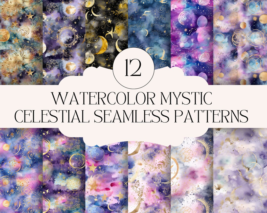 Watercolor Mystic Celestial Digital Paper, Seamless Pattern ...