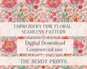 Embroidery Pink Floral Seamless Pattern, Floral Pattern, Embroidery, Seamless Pattern, Fabric Printing, Digital Download, 12in x 12in, D1