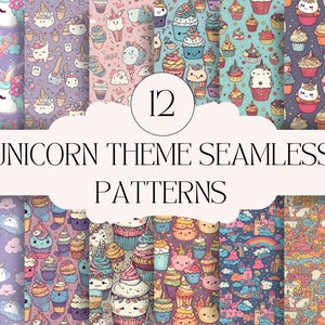 Unicorn Theme Digital Paper, Seamless Pattern, Hand Drawn, Doodle, 12 Designs, Scrapbooking Paper, Unicorn Background, 12in x 12in
