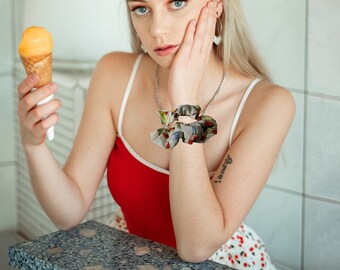Vintage Ice Cream Sundae Scrunchie Eco Friendly Damage Free Scrunchie Reclaimed Fabric Scrunchie Sustainable Hair Tie Vintage Accessory
