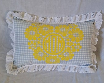 Custom Heart Monogram Accent Lumbar Pillow, 20 Inches, Gingham with Delicate Shabby Chic Style Eyelet Trim