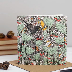 blackbird, bird, art, illustration, nature, wildlife, christmas, christmas card, hand made, hand finished, hand drawn, bio glitter, biodegradable, recycled, recylable, compostable, for him, for her