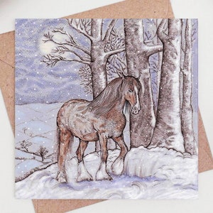 shire horse, horse, greeting card, illustration, winter, christmas, christmas card, hand finished, hand drawn, bio glitter, biodegradable, eco friendly, recycled, recyclable, compostable, nature, wildlife, for her, for him, for couples, landscape