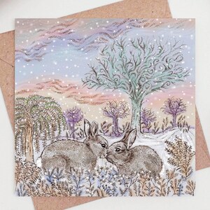rabbit, bunny, greeting card, illustration, animals, christmas, christmas card, hand finished, hand drawn, bio glitter, biodegradable, eco friendly, recycled, recyclable, compostable, nature, wildlife, for her, for him, for couples, winter wedding