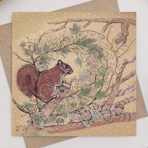 squirrel, winter, autumn, greeting card, christmas, christmas card, for him, for her, nature, art, illustration, wildlife, compostable, eco friendly, recycled, recyclable, hand finished, hand made, bio glitter, biodegradable, art,