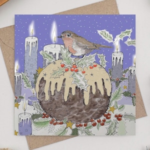 Carte de Noël Robin sur un pudding