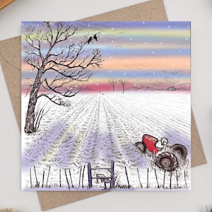tractor, landscape, farm, greeting card, art, illustration, birds, christmas, christmas card, hand finished, hand drawn, bio glitter, biodegradable, eco friendly, recycled, recyclable, compostable, nature, wildlife, for her, for him, for couples