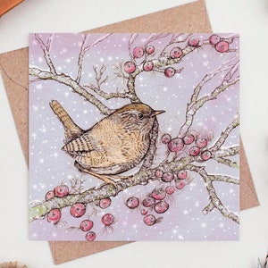 wren, greeting card, art, illustration, birds, christmas, christmas card, hand finished, hand drawn, bio glitter, biodegradable, eco friendly, recycled, recyclable, compostable, nature, wildlife, for her, for him, for couples