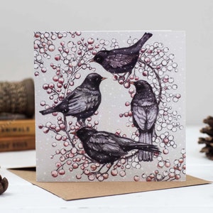 blackbirds, illustration, greeting card, christmas card, christmas, for him, for her, nature, birds, wildlife, compostable, recycled, recyclable, eco friendly, eco glitter, hand finished, hand made, hand drawn