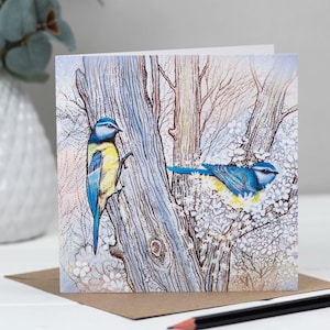 bird, blue tit, floral, birthday, card, art card, hand finished, bioglitter
