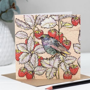 birthday card, art card, card, starling, bird, hand finished, bio glitter
