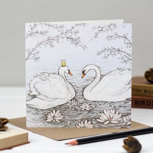 swans, anniversary, wedding, christmas, christmas card, illustration, art, compostable, greeting card, biodegradable, bio glitter, hand finished, recycled, recyclable, compostable, birds, nature, wildlife, hand drawn