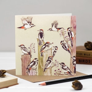 woodpeckers, birds, greeting cards, christmas cards, christmas, nature, wildlife, illustration, biodegradable, compostable, recycled,, recyclable, eco friendly, illustration, hand finished