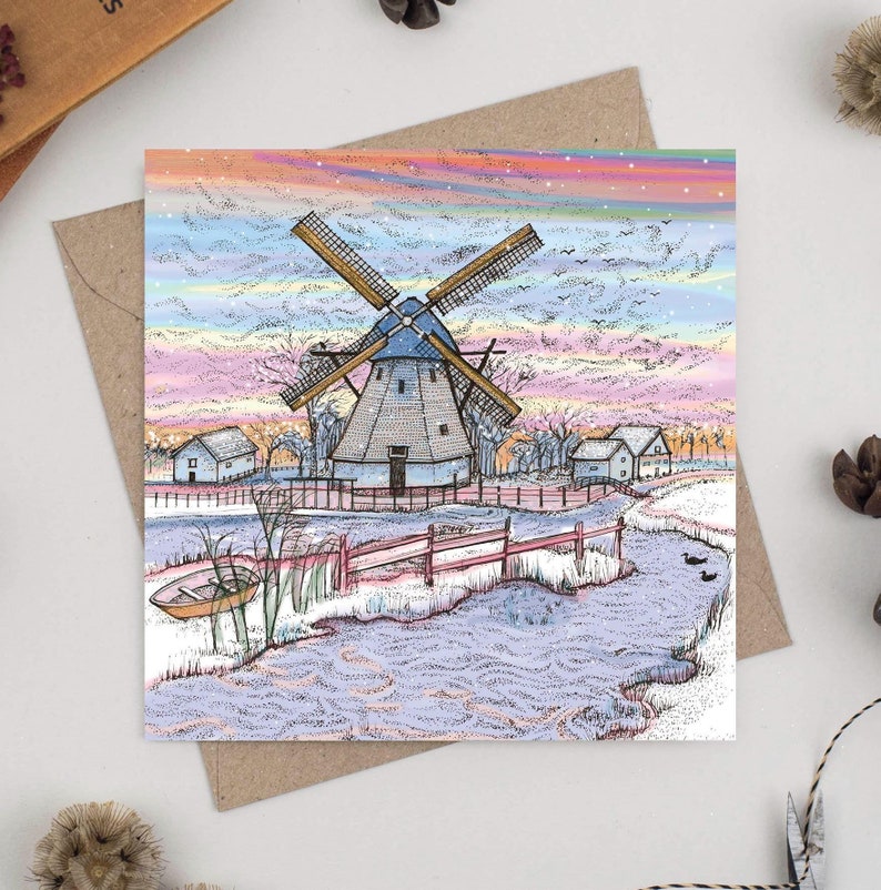 windmill, art, illustration, christmas, christmas card, hand drawn, hand finished, bio glitter, biodegradable, recycled recyclable, compostable, nature, wildlife, greeting card, for her, for him, eco friendly