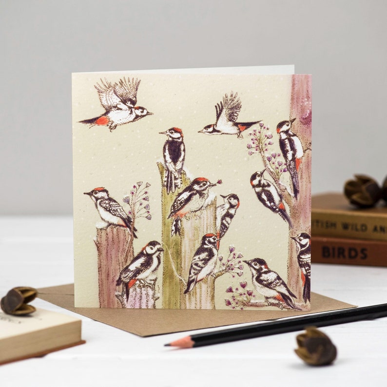 woodpeckers, birds, greeting cards, christmas cards, christmas, nature, wildlife, illustration, biodegradable, compostable, recycled,, recyclable, eco friendly, illustration, hand finished