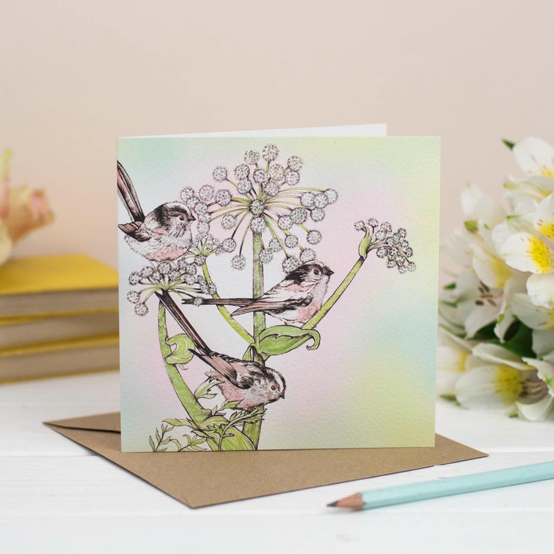 birds, greeting card, birthday, art, card, birthday card, floral, bio glitter, hand finished