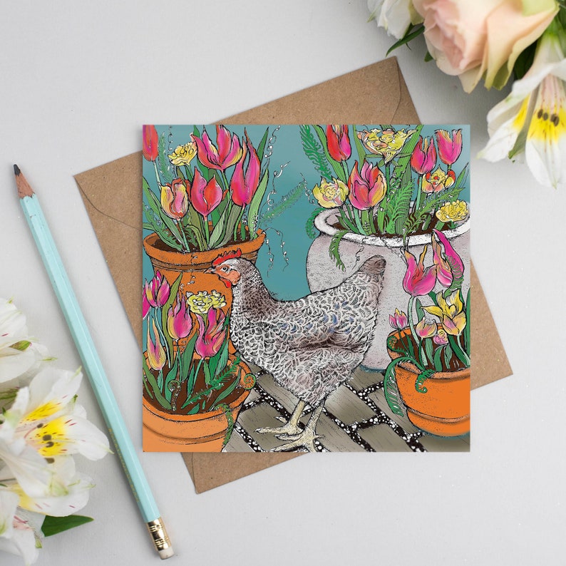 Carte de vœux Poulet et tulipes image 1