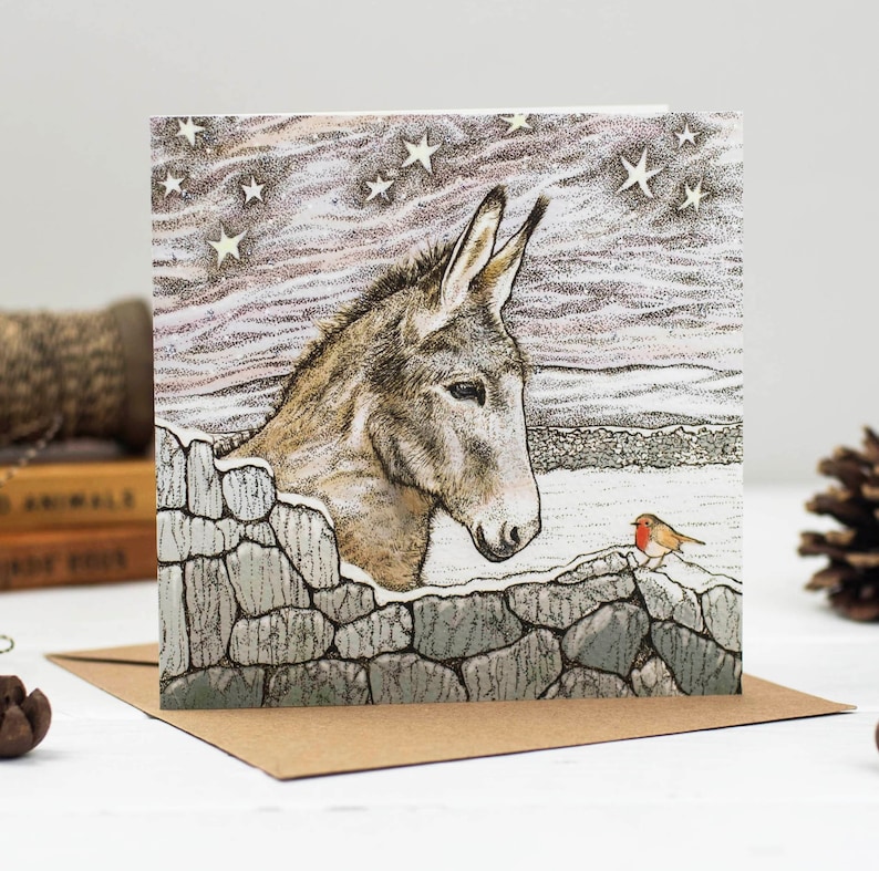 christmas cards, christmas, for couples, cards, wildlife, hand finished, biodegradable, eco friendly, blank, compostable, bio glitter, hand made, birds, animals, for her, for him, donkey, robin