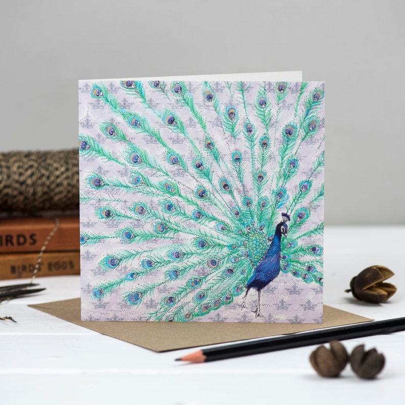peacock, card for her, hand illustrated, hand finished, art card, bird, birthday, anniversary, art, hand finished, bio glitter