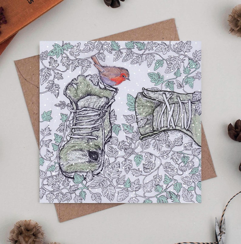 robin, greeting card, art, illustration, birds, christmas, christmas card, hand finished, hand drawn, bio glitter, biodegradable, eco friendly, recycled, recyclable, compostable, nature, wildlife, for her, for him, for couples