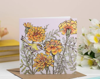 Firecrest and Marigolds Greeting Card