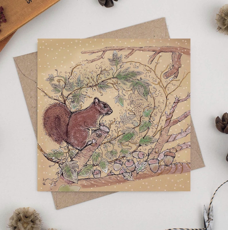 squirrel, winter, autumn, greeting card, christmas, christmas card, for him, for her, nature, art, illustration, wildlife, compostable, eco friendly, recycled, recyclable, hand finished, hand made, bio glitter, biodegradable, art,