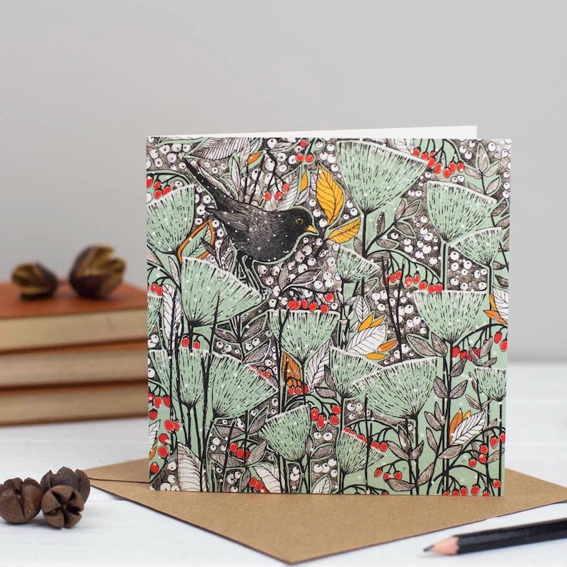 blackbird, bird, art, illustration, nature, wildlife, christmas, christmas card, hand made, hand finished, hand drawn, bio glitter, biodegradable, recycled, recylable, compostable, for him, for her