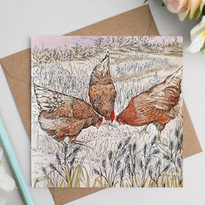 wildlife, art card, art, birthday card, greeting card, hand drawn, illustration, compostable, bio glitter, eco friendly, hand finished, chickens, birds, hens