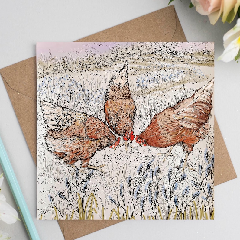 wildlife, art card, art, birthday card, greeting card, hand drawn, illustration, compostable, bio glitter, eco friendly, hand finished, chickens, birds, hens