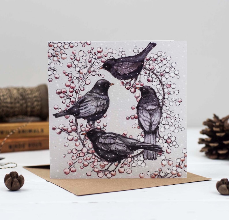 blackbirds, illustration, greeting card, christmas card, christmas, for him, for her, nature, birds, wildlife, compostable, recycled, recyclable, eco friendly, eco glitter, hand finished, hand made, hand drawn