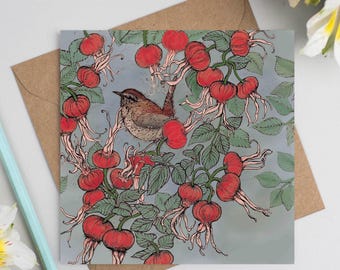 Grußkarte mit Zaunkönig und Buchenrose