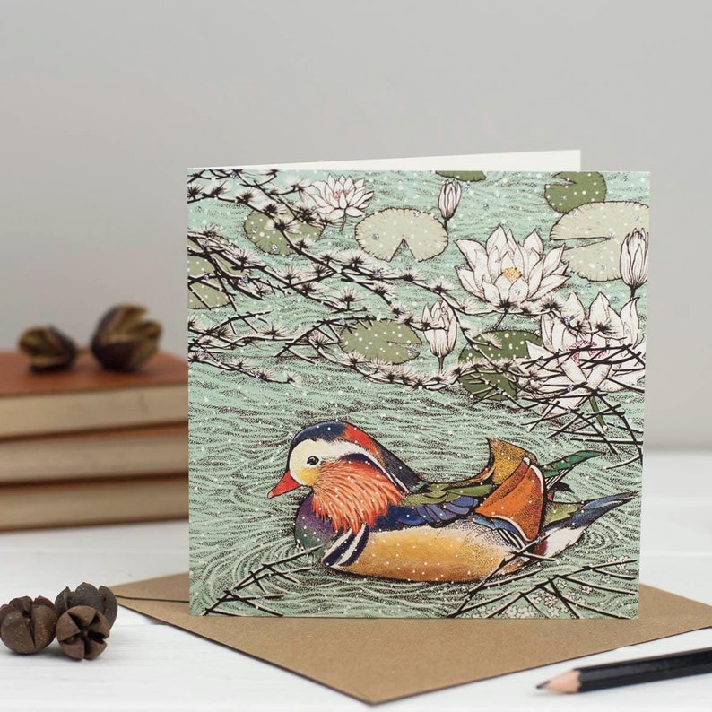 mandarin duck, duck, christmas, christmas card, illustration, art, hand drawn, hand finished, wildlife, nature, bird, japan, compostable, recycled, recyclable, bio glitter, eco friendly, biodegradable, for her, for him