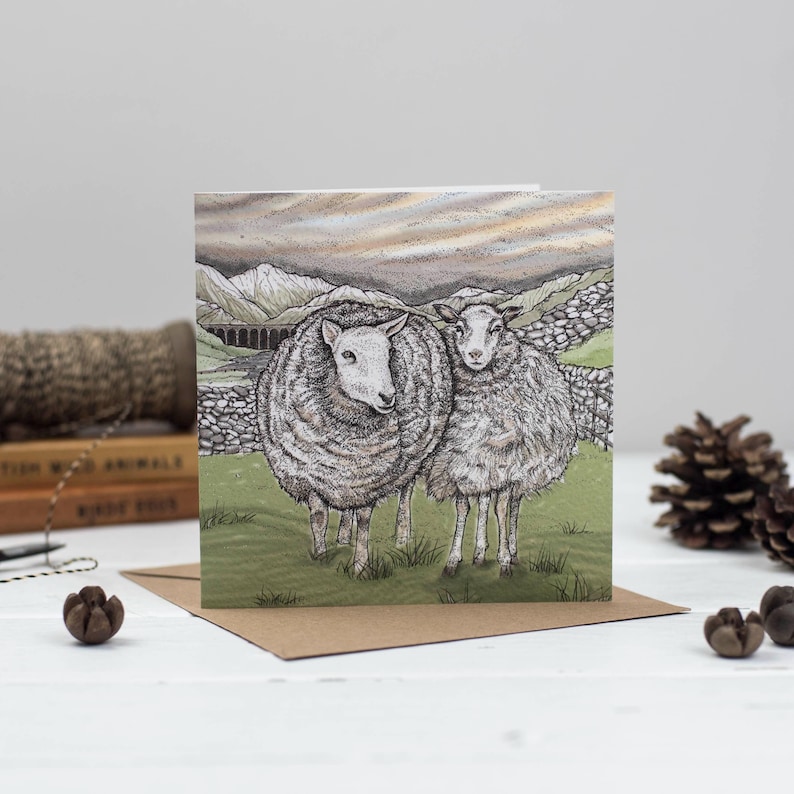 sheep, winter, nature, wildlife, greeting card, christmas, christmas card, art, illustration, blank card, recycled, recyclable, compostable, bio glitter, hand finished, eco friendly, biodegradable, for couples, for him, for her, landscape, farm