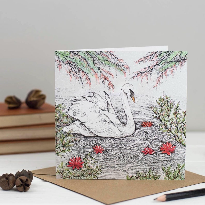 swan, illustration, greeting card, christmas, christmas card, art, nature, wildlife, bird, compostable, for her, recycled, recyclable, eco friendly, bio glitter, hand finished, biodegradable, hand made, hand drawn