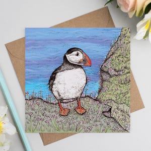 wildlife, art card, art, birthday card, greeting card, hand drawn, illustration, compostable, bio glitter, eco friendly, hand finished, card for her, nature, floral, puffin, seabird