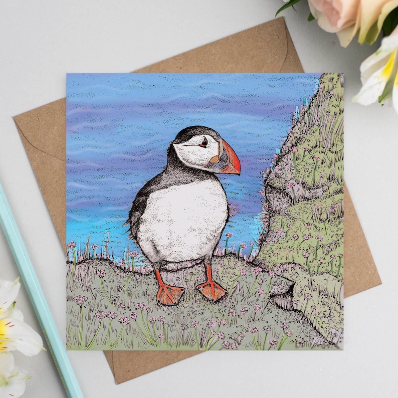 wildlife, art card, art, birthday card, greeting card, hand drawn, illustration, compostable, bio glitter, eco friendly, hand finished, card for her, nature, floral, puffin, seabird